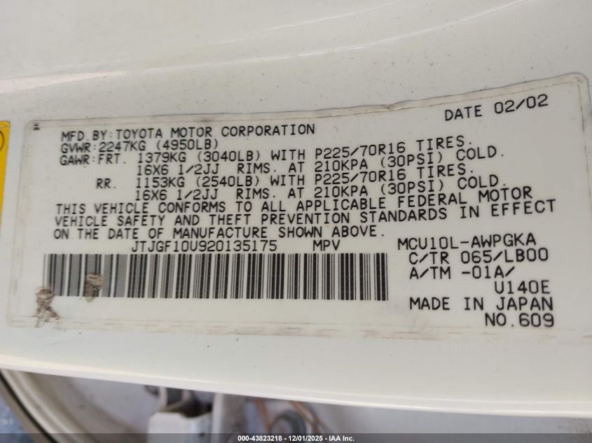 2002 Lexus Rx 300 VIN: JTJGF10U920135175 Lot: 43823218