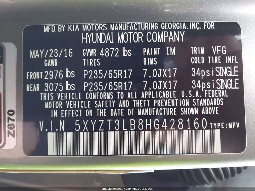 5XYZT3LB8HG428160 2017 HYUNDAI SANTA FE photo no. 9