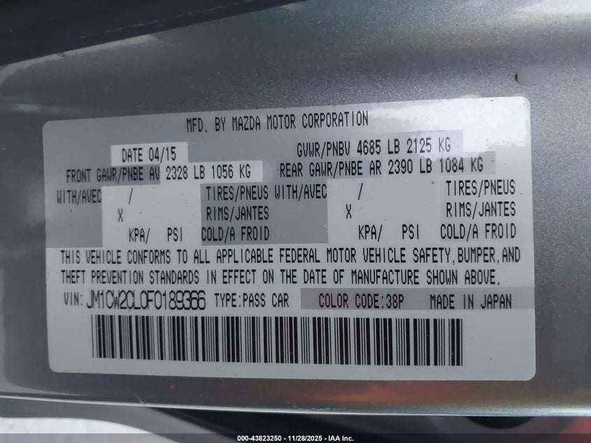 2015 Mazda Mazda5 Touring VIN: JM1CW2CL0F0189366 Lot: 43823250