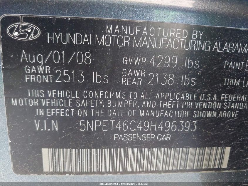 2009 Hyundai Sonata Gls VIN: 5NPET46C49H496393 Lot: 43823251