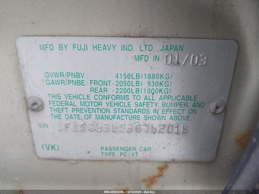 2003 Subaru Forester X VIN: JF1SG63683G762016 Lot: 43823256