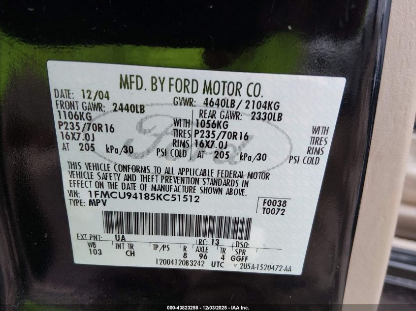 2005 Ford Escape Limited VIN: 1FMCU94185KC51512 Lot: 43823258