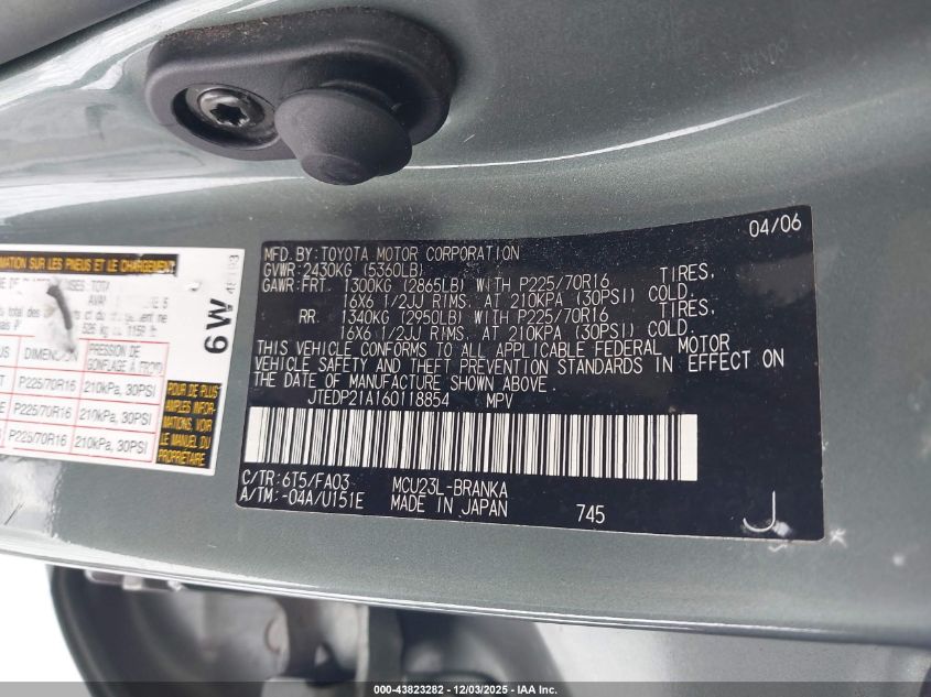 2006 Toyota Highlander V6 VIN: JTEDP21A160118854 Lot: 43823282