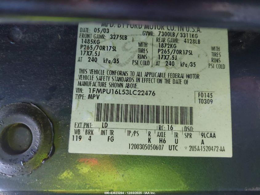 2003 Ford Expedition Xlt VIN: 1FMPU16L53LC22476 Lot: 43823284