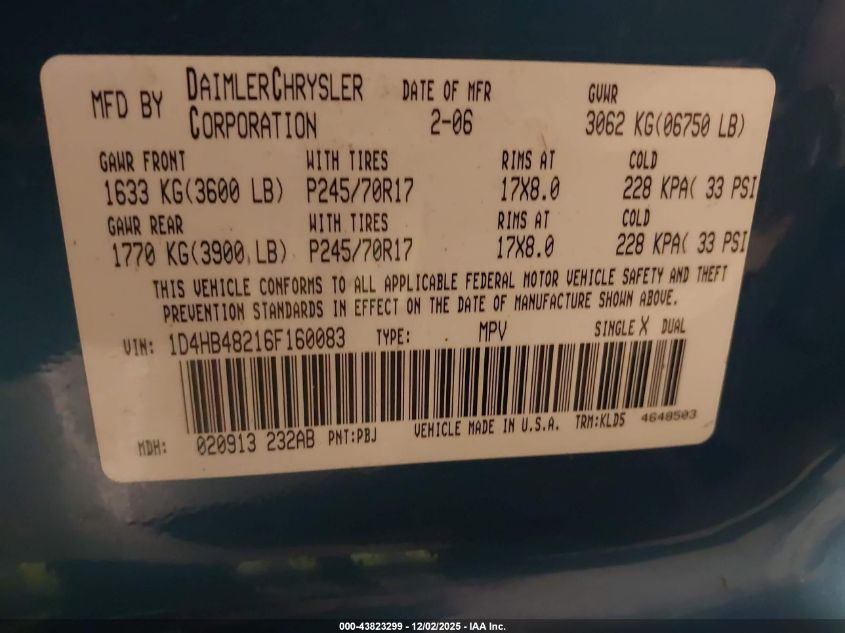 2006 Dodge Durango Slt VIN: 1D4HB48216F160083 Lot: 43823299