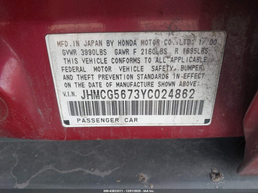 JHMCG5673YC024862 2000 HONDA ACCORD photo no. 9