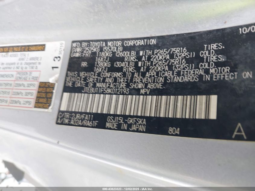 2008 Toyota Fj Cruiser VIN: JTEBU11F58K012193 Lot: 43823323