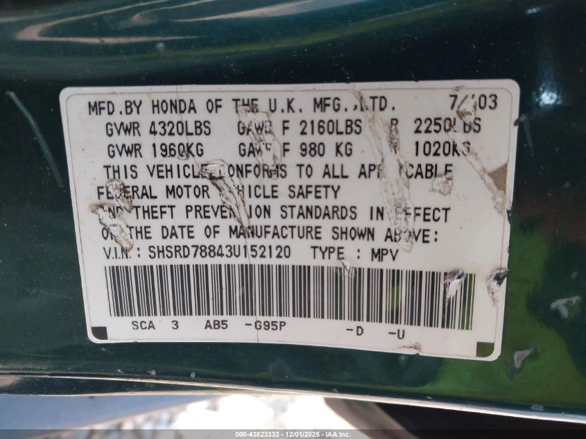 2003 Honda Cr-V Ex VIN: SHSRD78843U152120 Lot: 43823332