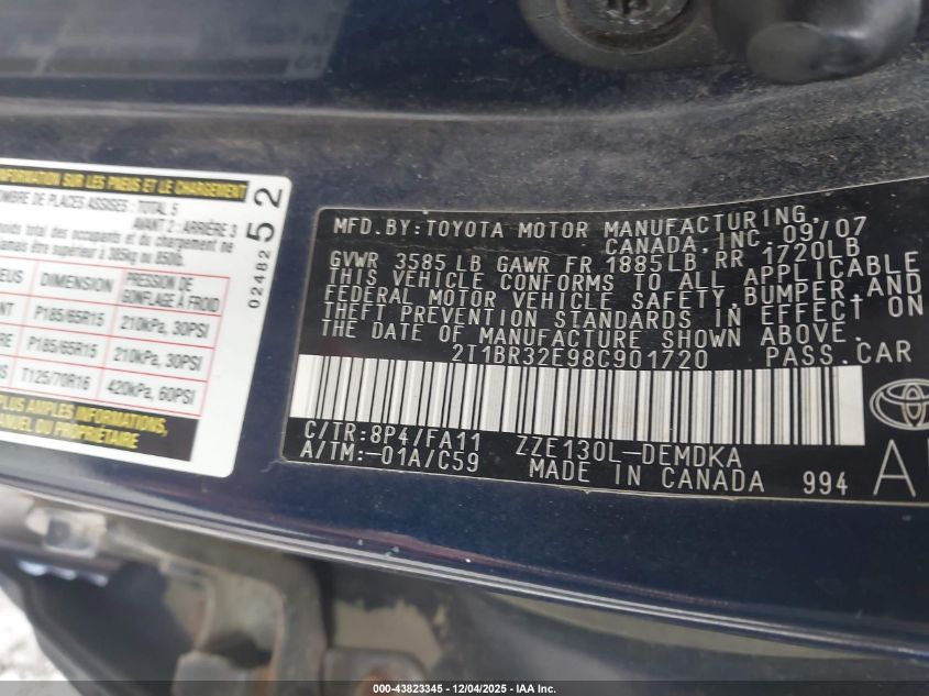 2008 Toyota Corolla Ce VIN: 2T1BR32E98C901720 Lot: 43823345