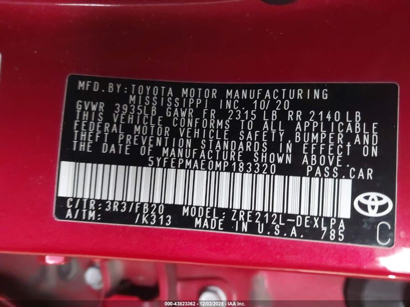 2021 Toyota Corolla Le VIN: 5YFEPMAE0MP183320 Lot: 43823362