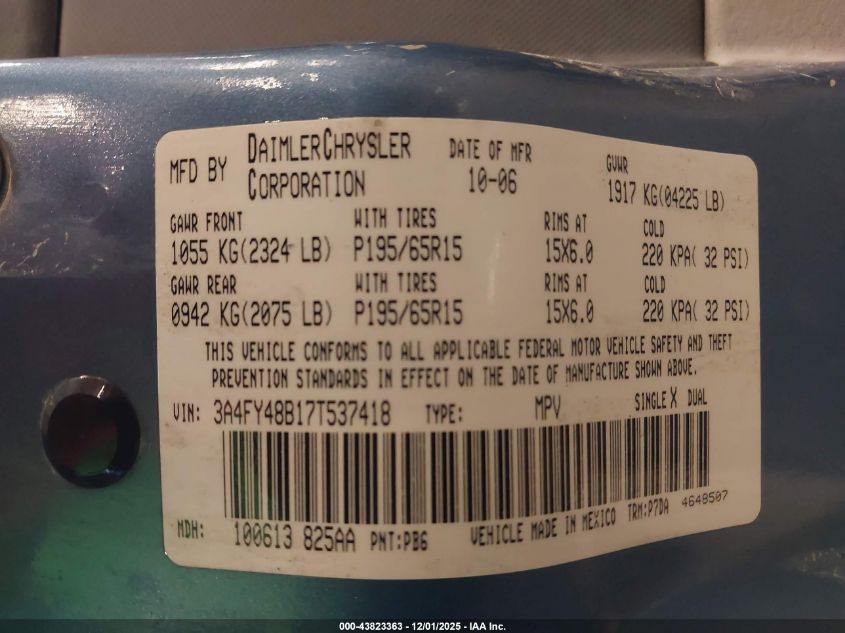 2007 Chrysler Pt Cruiser VIN: 3A4FY48B17T537418 Lot: 43823363