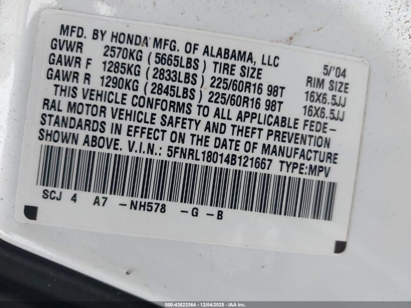 2004 Honda Odyssey Ex-L VIN: 5FNRL18014B121667 Lot: 43823364