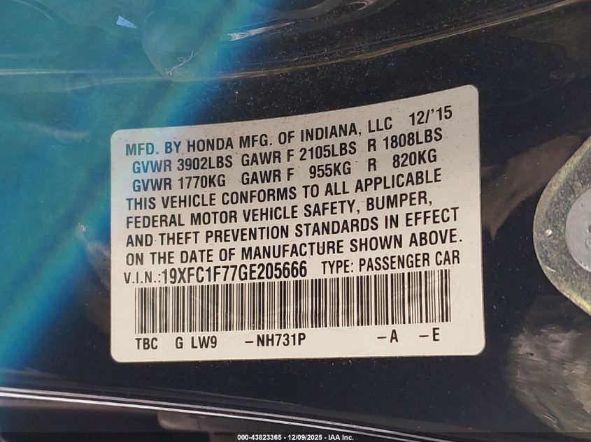 2016 Honda Civic Ex-L VIN: 19XFC1F77GE205666 Lot: 43823365