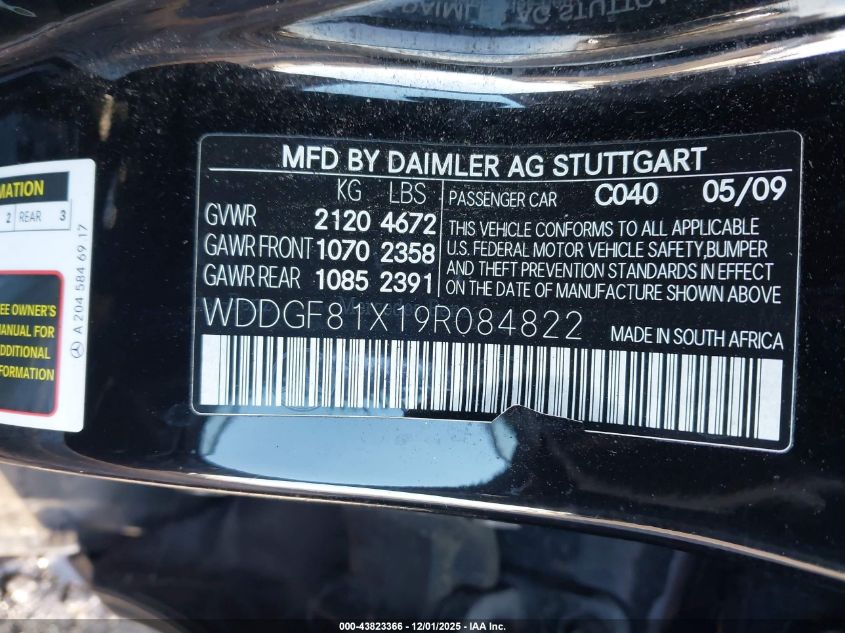 2009 Mercedes-Benz C 300 Luxury 4Matic/Sport 4Matic VIN: WDDGF81X19R084822 Lot: 43823366