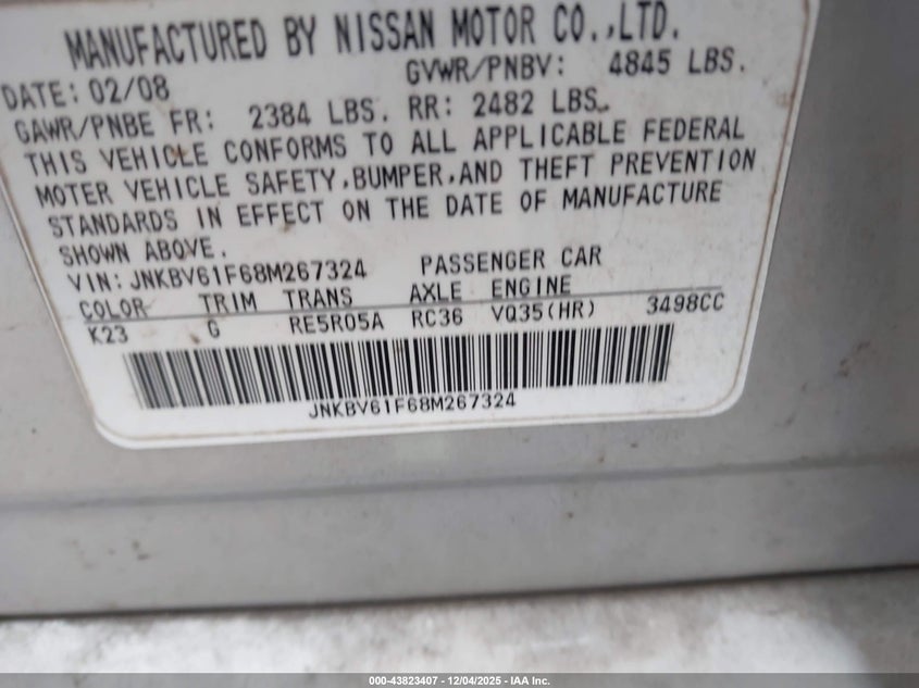 JNKBV61F68M267324 2008 INFINITI G photo no. 9