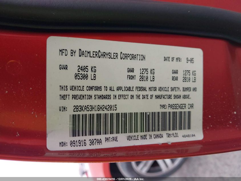 2006 Dodge Charger Rt VIN: 2B3KA53H16H242015 Lot: 43823416