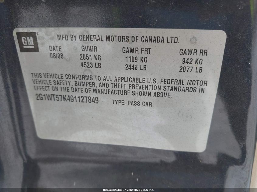 2009 Chevrolet Impala Lt VIN: 2G1WT57K491127849 Lot: 43823430