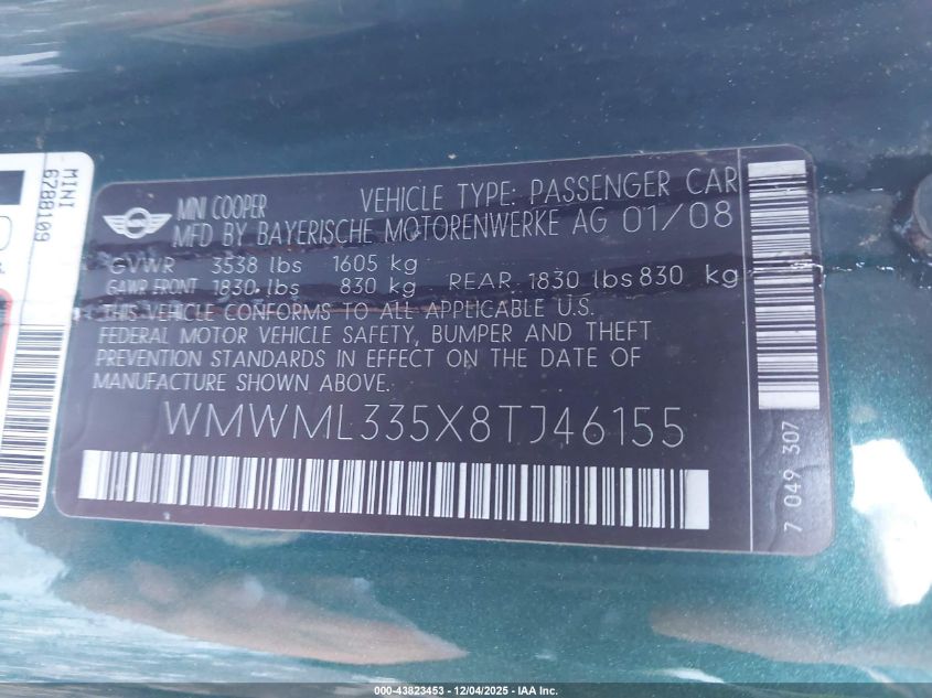 2008 Mini Cooper Clubman VIN: WMWML335X8TJ46155 Lot: 43823453