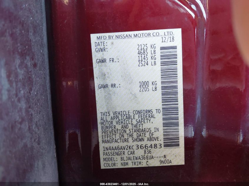 2019 Nissan Maxima 3.5 Sl VIN: 1N4AA6AV2KC366483 Lot: 43823461