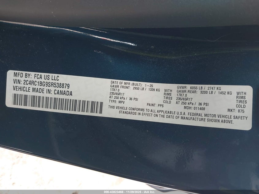 2025 Chrysler Pacifica Select VIN: 2C4RC1BG9SR538879 Lot: 43823466