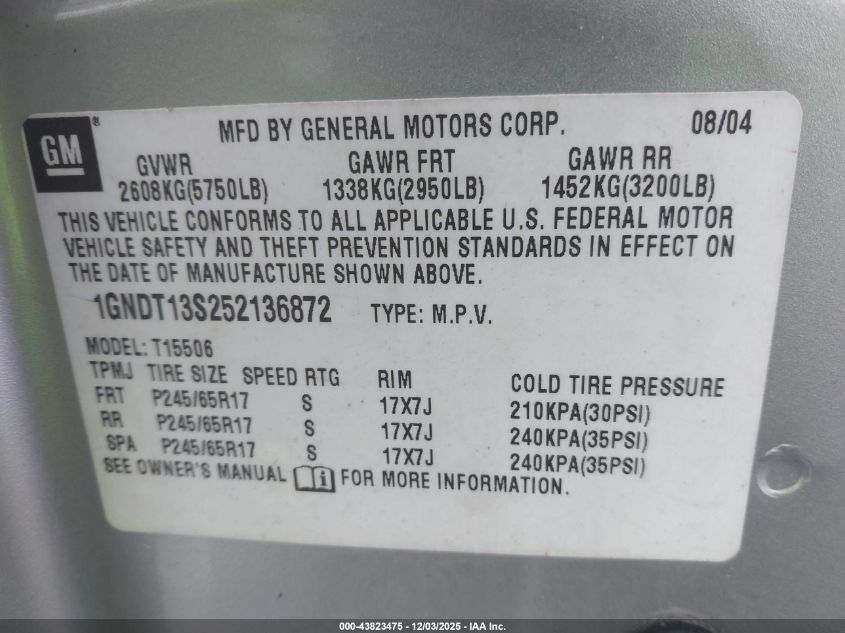 2005 Chevrolet Trailblazer Lt VIN: 1GNDT13S252136872 Lot: 43823475