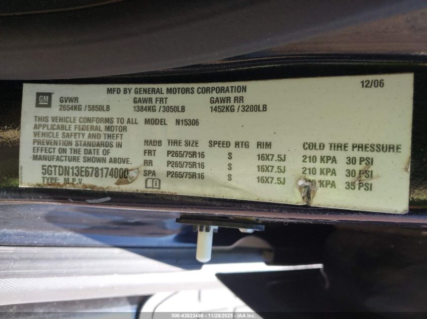 2007 Hummer H3 Suv VIN: 5GTDN13E678174000 Lot: 43823486