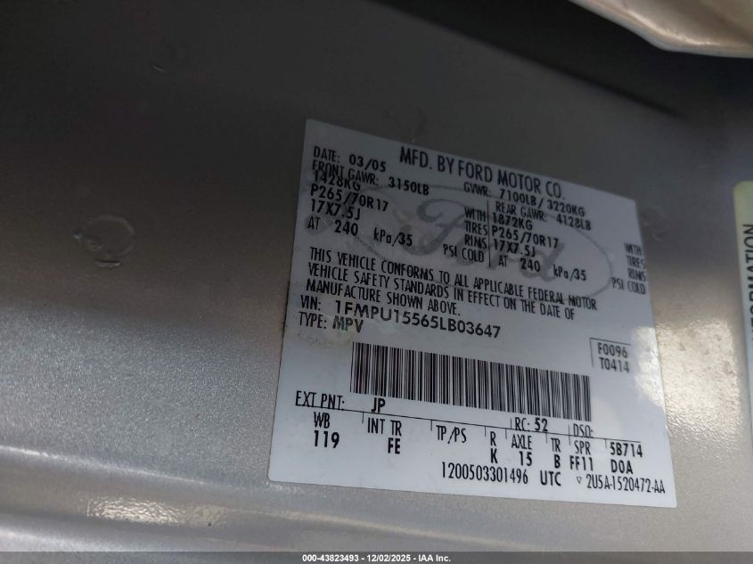 2005 Ford Expedition Xlt VIN: 1FMPU15565LB03647 Lot: 43823493