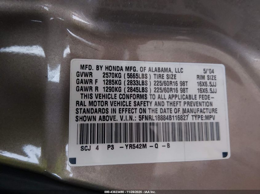 2004 Honda Odyssey Ex VIN: 5FNRL18884B116827 Lot: 43823498