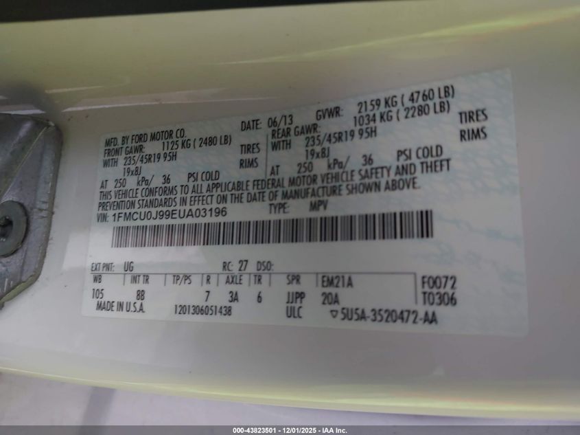 2014 Ford Escape Titanium VIN: 1FMCU0J99EUA03196 Lot: 43823501