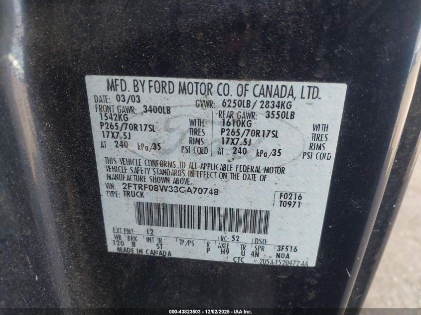 2003 Ford F-150 Xl/Xlt VIN: 2FTRF08W33CA70748 Lot: 43823503