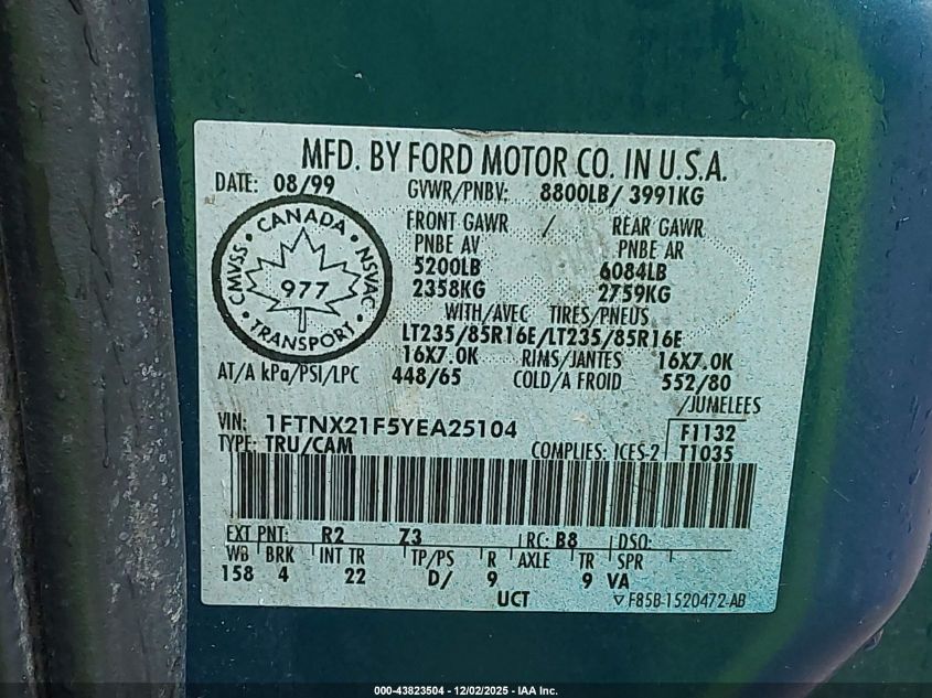 2000 Ford F-250 Lariat/Xl/Xlt VIN: 1FTNX21F5YEA25104 Lot: 43823504