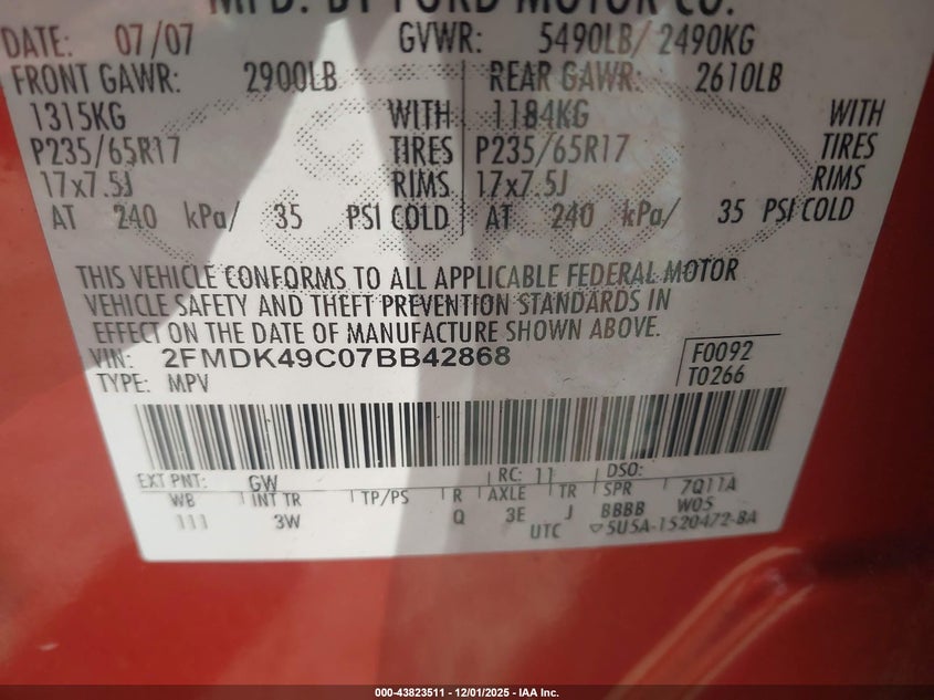 2FMDK49C07BB42868 2007 FORD EDGE photo no. 9