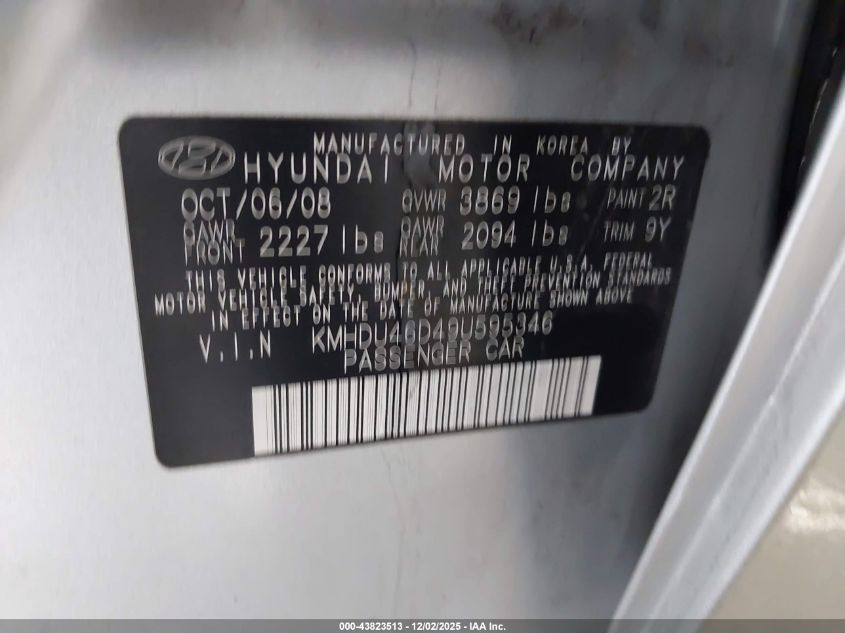 2009 Hyundai Elantra Se VIN: KMHDU46D49U595346 Lot: 43823513