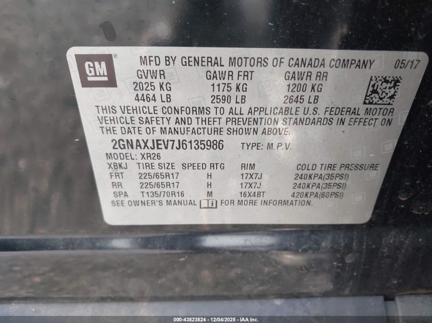 2018 Chevrolet Equinox Lt VIN: 2GNAXJEV7J6135986 Lot: 43823524