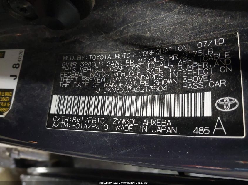 2010 Toyota Prius Iii VIN: JTDKN3DU3A0213504 Lot: 43823542