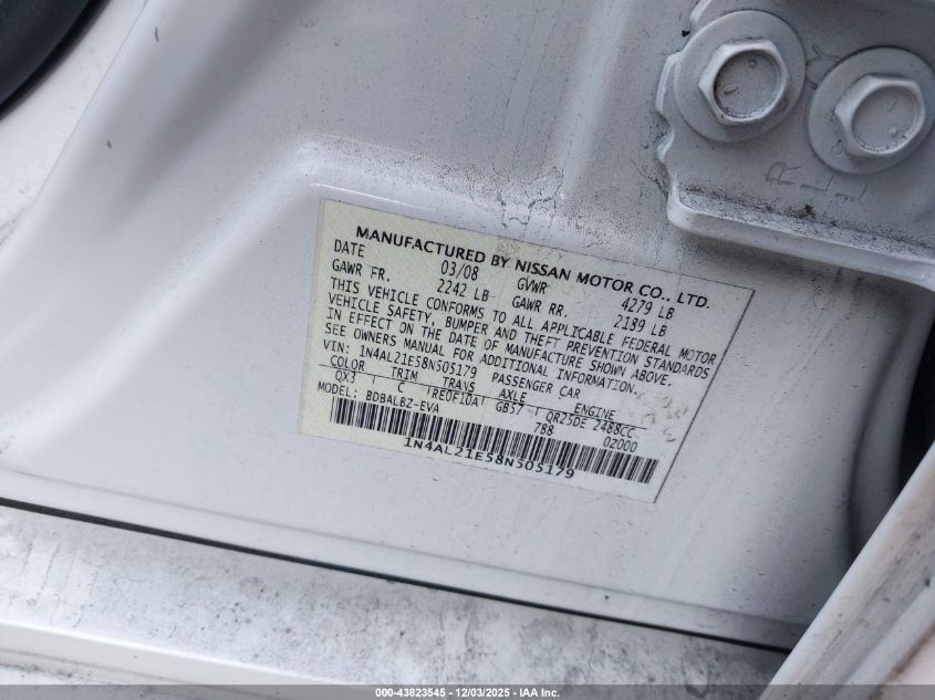 2008 Nissan Altima 2.5 S VIN: 1N4AL21E58N505179 Lot: 43823545