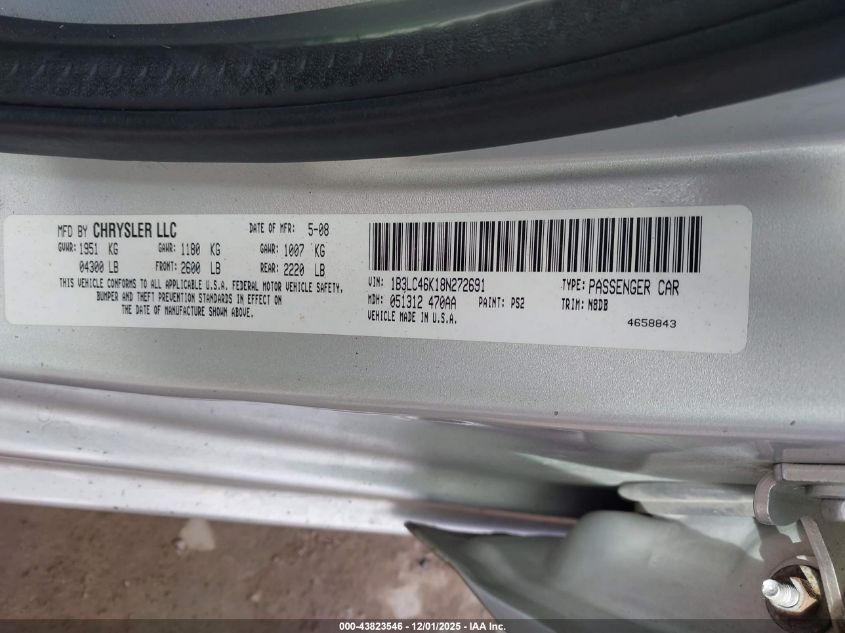 2008 Dodge Avenger Se VIN: 1B3LC46K18N272691 Lot: 43823546