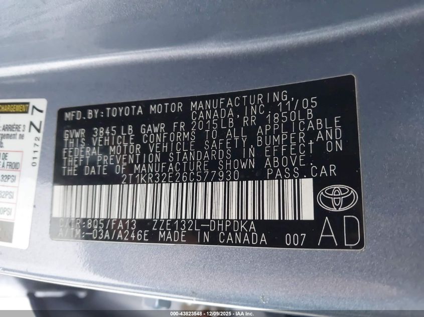 2006 Toyota Matrix VIN: 2T1KR32E26C577930 Lot: 43823548