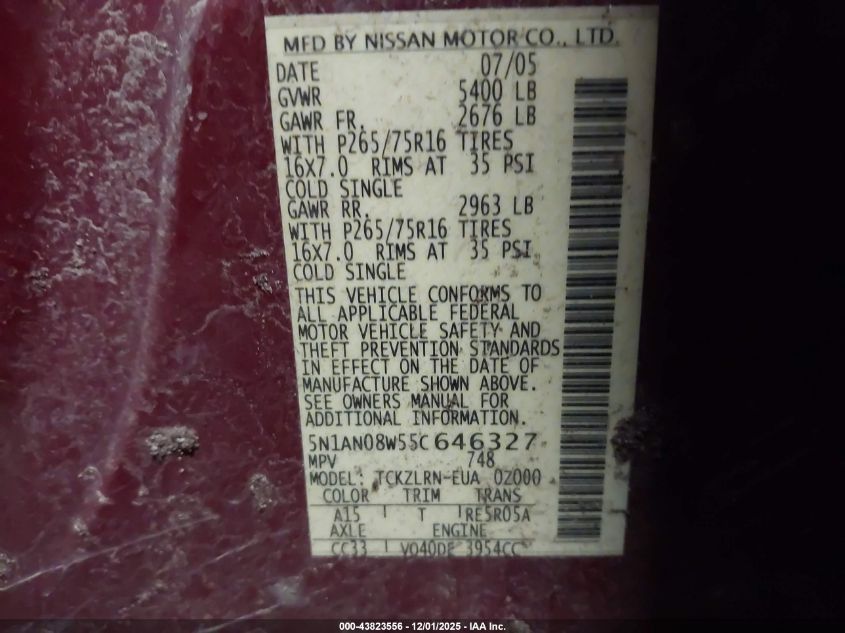 2005 Nissan Xterra Off Road VIN: 5N1AN08W55C646327 Lot: 43823556