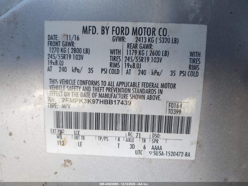 2017 Ford Edge Titanium VIN: 2FMPK3K97HBB17439 Lot: 43823559