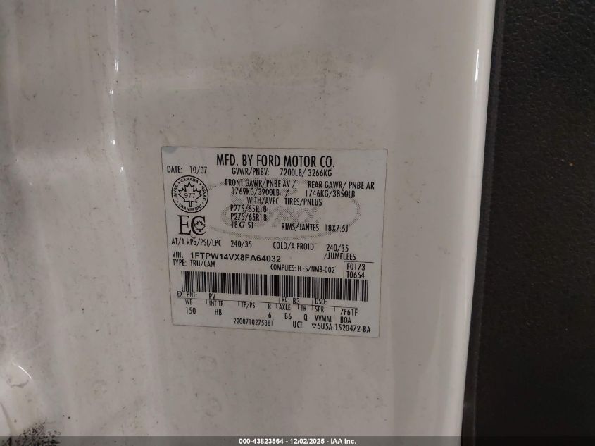 2008 Ford F-150 Lariat VIN: 1FTPW14VX8FA64032 Lot: 43823564