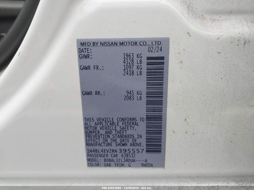 2024 Nissan Altima Sl Fwd VIN: 1N4BL4EV2RN395557 Lot: 43823569