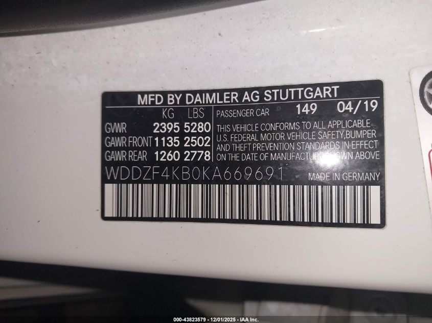 2019 Mercedes-Benz E 300 4Matic VIN: WDDZF4KB0KA669691 Lot: 43823579