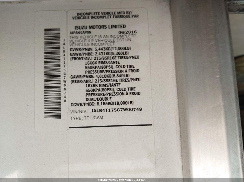 2016 Isuzu Npr VIN: JALB4T175G7W00748 Lot: 43823592
