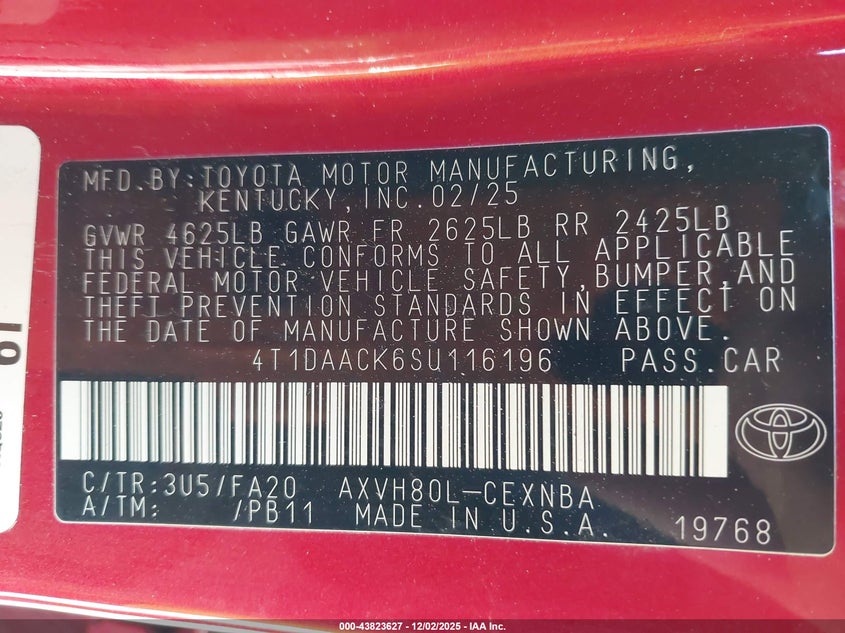 2025 TOYOTA CAMRY(VIN: 4T1DAACK6SU116196