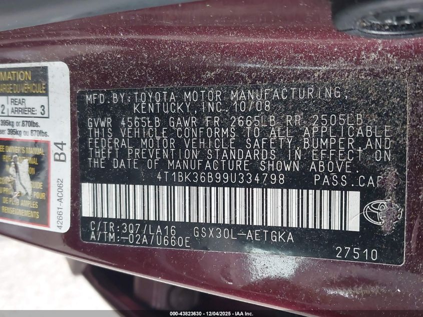 2009 Toyota Avalon Xls VIN: 4T1BK36B99U334798 Lot: 43823630