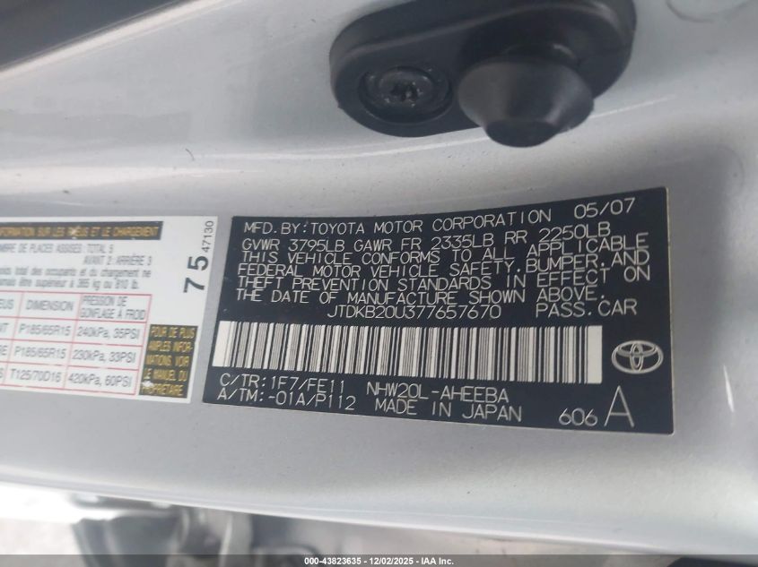 2007 Toyota Prius VIN: JTDKB20U377657670 Lot: 43823635