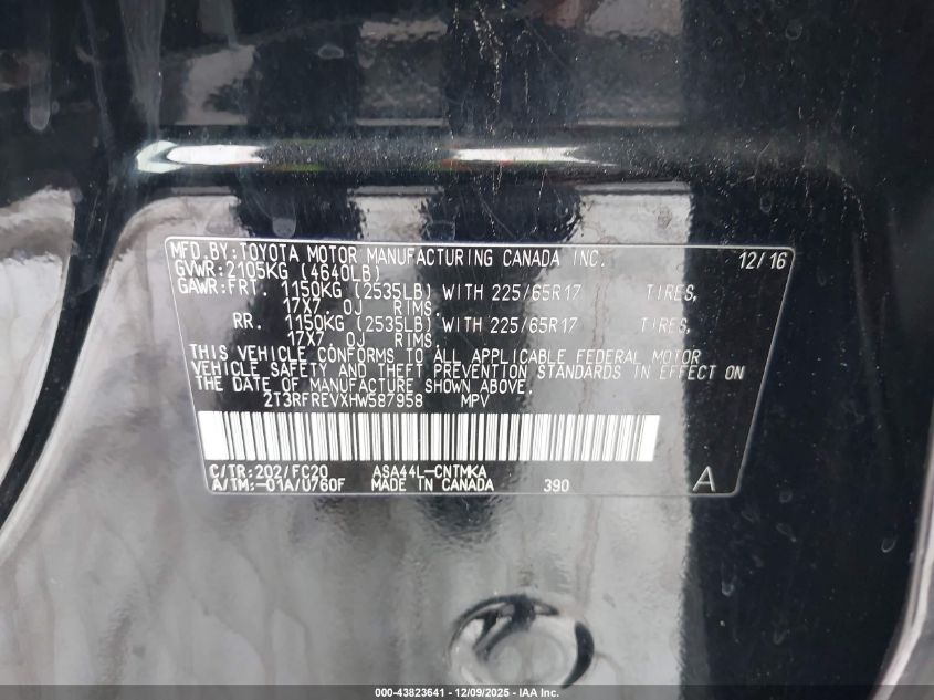 2017 Toyota Rav4 Xle VIN: 2T3RFREVXHW587958 Lot: 43823641