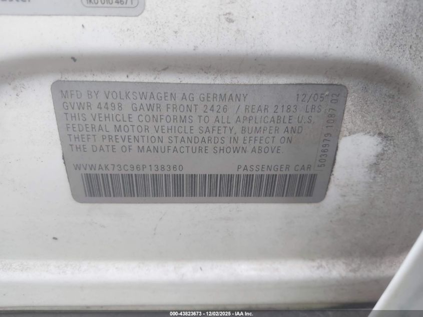 2006 Volkswagen Passat Value Edition VIN: WVWAK73C96P138360 Lot: 43823673