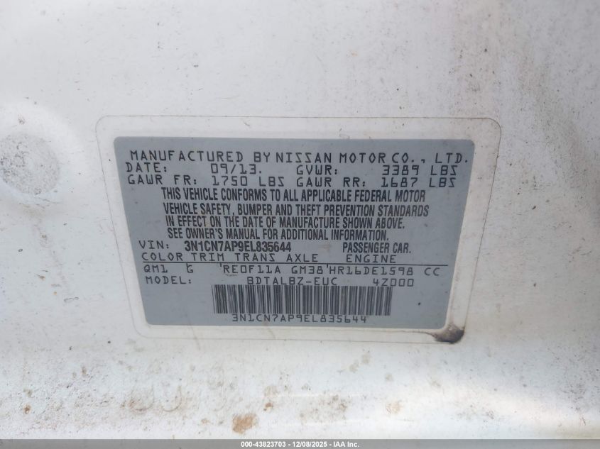 2014 Nissan Versa 1.6 Sv VIN: 3N1CN7AP9EL835644 Lot: 43823703